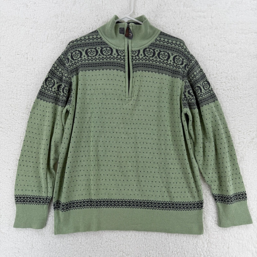 Born Sweater Mens Large Green Quarter Zip Silk Blend‎ Fair Isle Elbow Patch